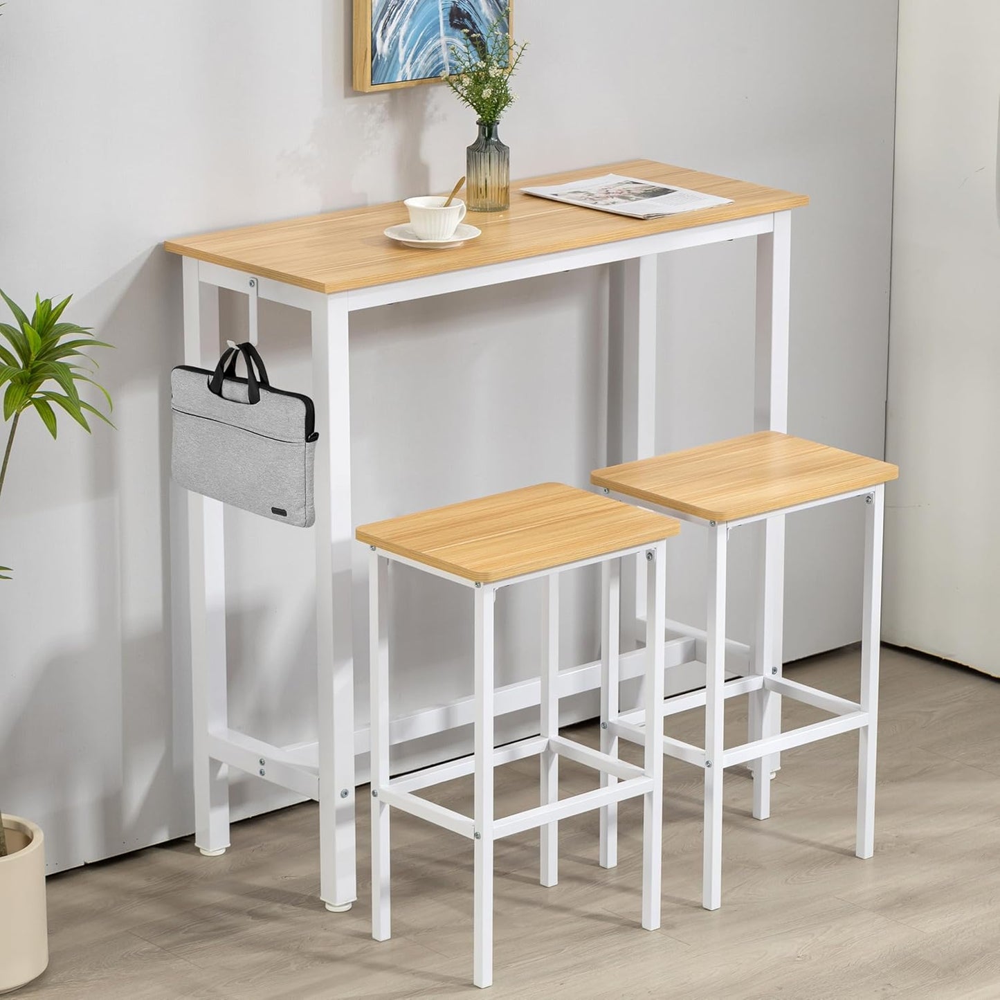 Finnhomy Bar Table Set, 39.3" Pub Table High Top Table, Rectangular Bar Height Table, Bar Table with Stools, Kitchen Table Set for 2, Breakfast for Kitchen, Living Room, Oak Beige and White