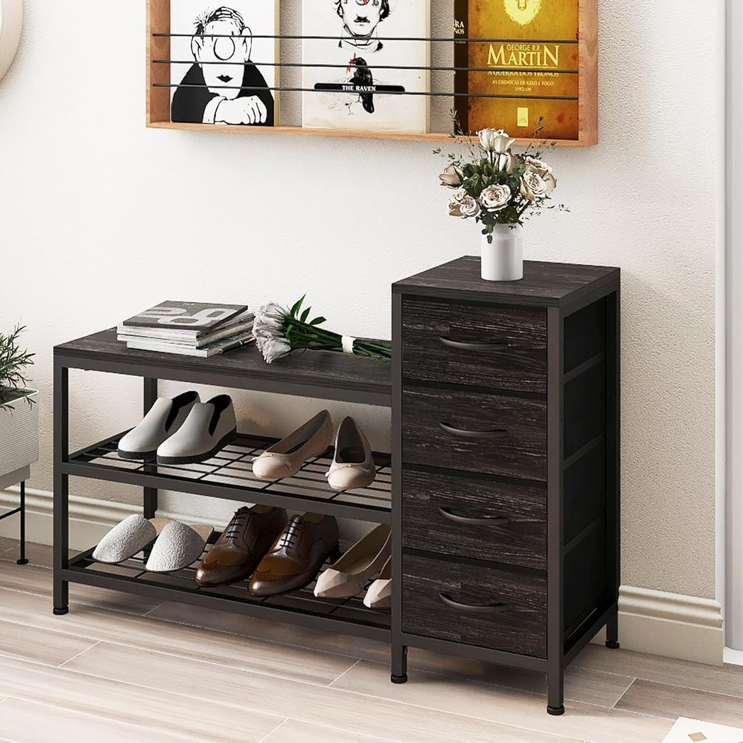 EXOTICA 3 Tier Entryway Bench Shoe Storage Bench with 4 Fabric Drawers Metal Frame and Wooden Board Shoe Rack Bench with Seat for Entryway Hallway Front Door Doorway