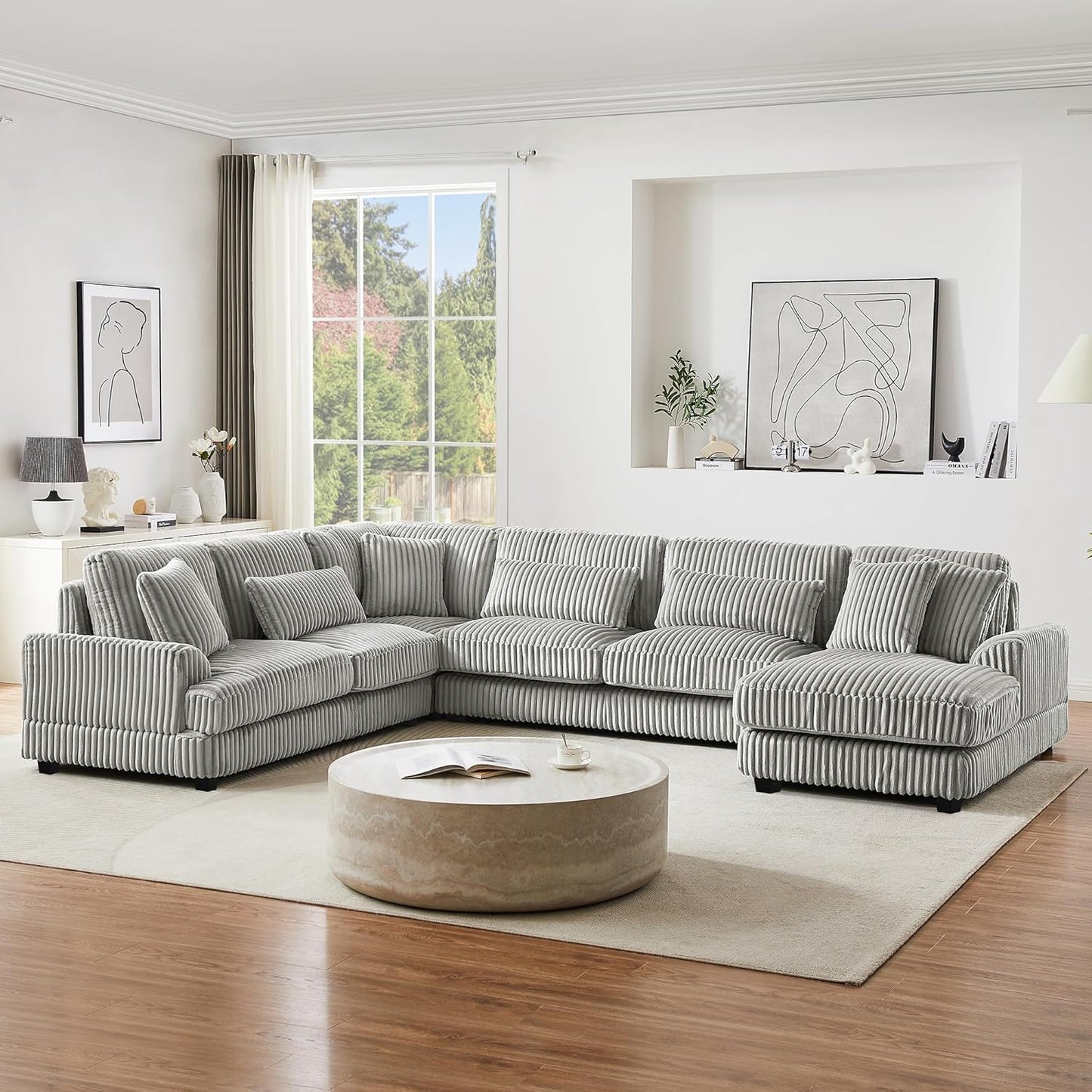 129" Oversized U Shaped Modular Sectional Sofa Couch for Living Room 7 Seater Plush Corduroy Upholstered Large Sofa Deep Seat Cloud Couch with Extra Wide Chaise Lounge and Detachable Thick Cushions