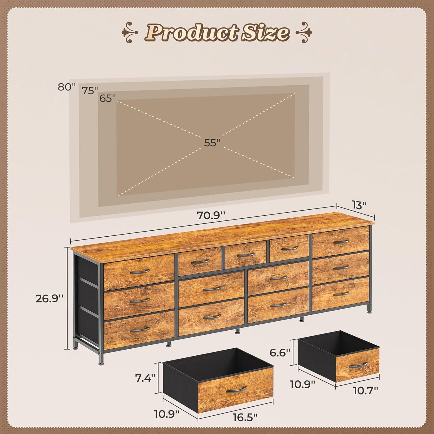 Huuger 70 Inch Dresser for Bedroom, TV Stand for 65, 75, 80 Inch TV, 13 Fabric Drawer Long Dresser, Large Entertainment Center for Bedroom, Wide Chest of Drawer with Storage, Retro Brown