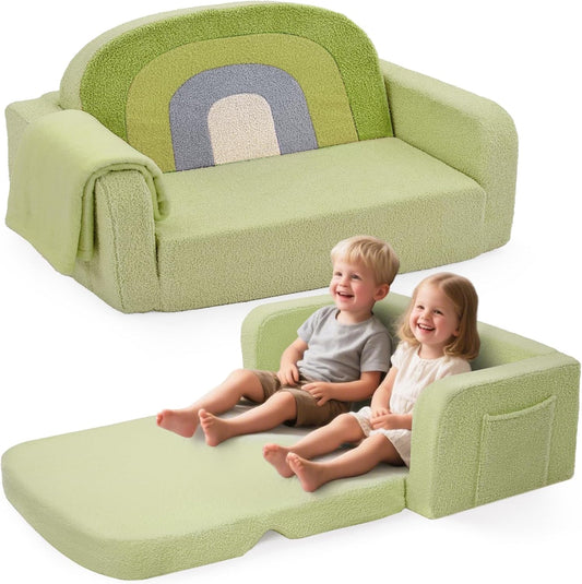 Extra Wide Kids Couch, 2-in-1 Soft Toddler Couch with Blanket, Comfy Toddler Chair, Convertible Sofa to Lounger with Cute Colorful Rainbow Design, Green