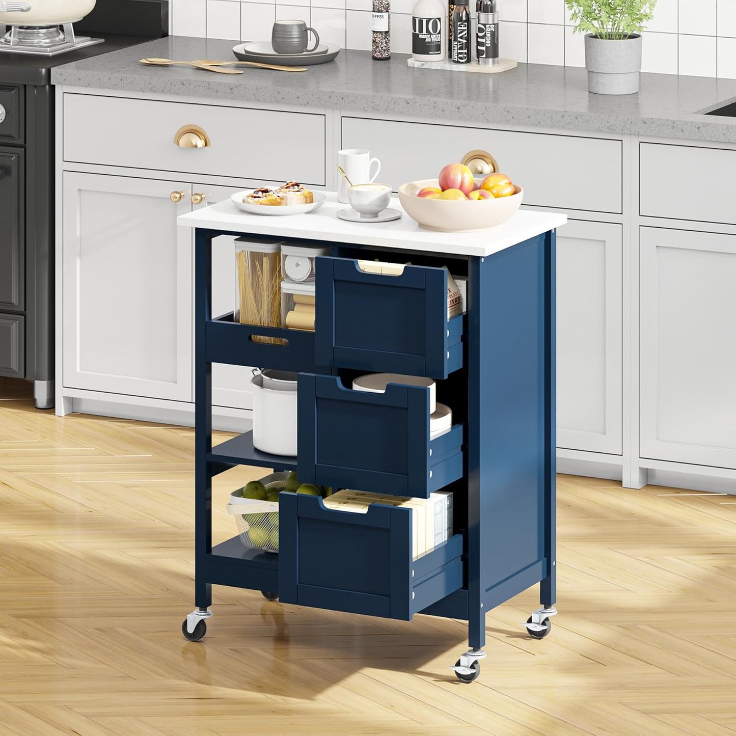 YITAHOME Small Solid Wood Top Kitchen Island Cart on Wheels with Storage, Rolling Portable Dining Room Serving Utility Carts Mobile Movable with 3 Drawers Cabinet, Navy Blue