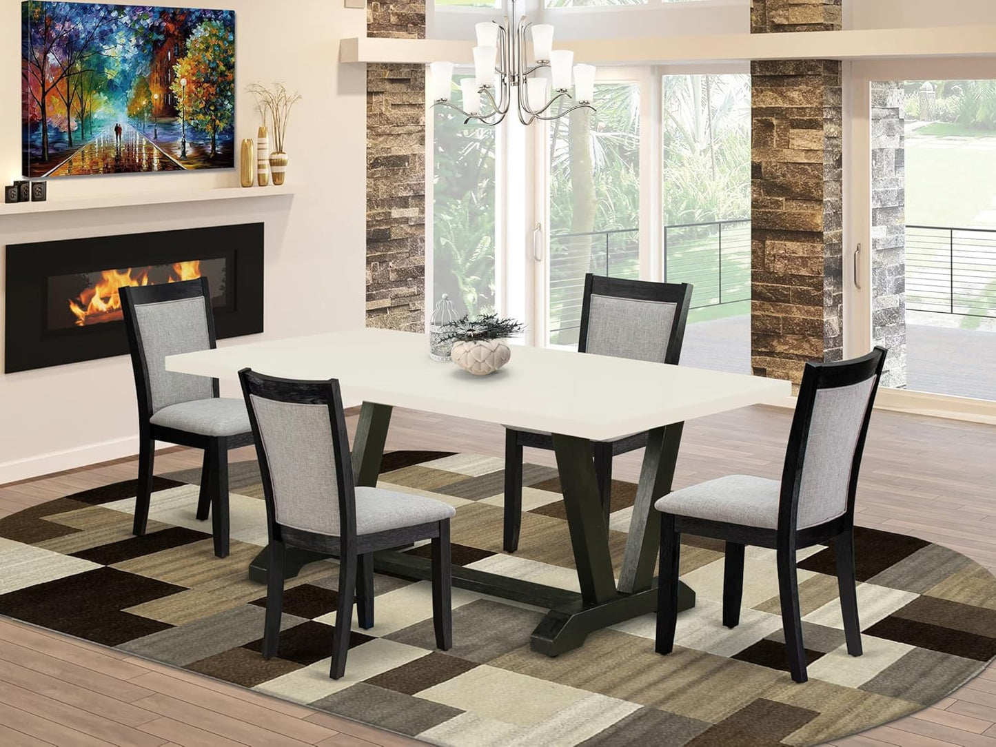 East West Furniture V627MZ606-5 5 Piece Dining Table Set for 4 Includes a Rectangle Kitchen Table with V-Legs and 4 Shitake Linen Fabric Upholstered Chairs, 40x72 Inch, Multi-Color