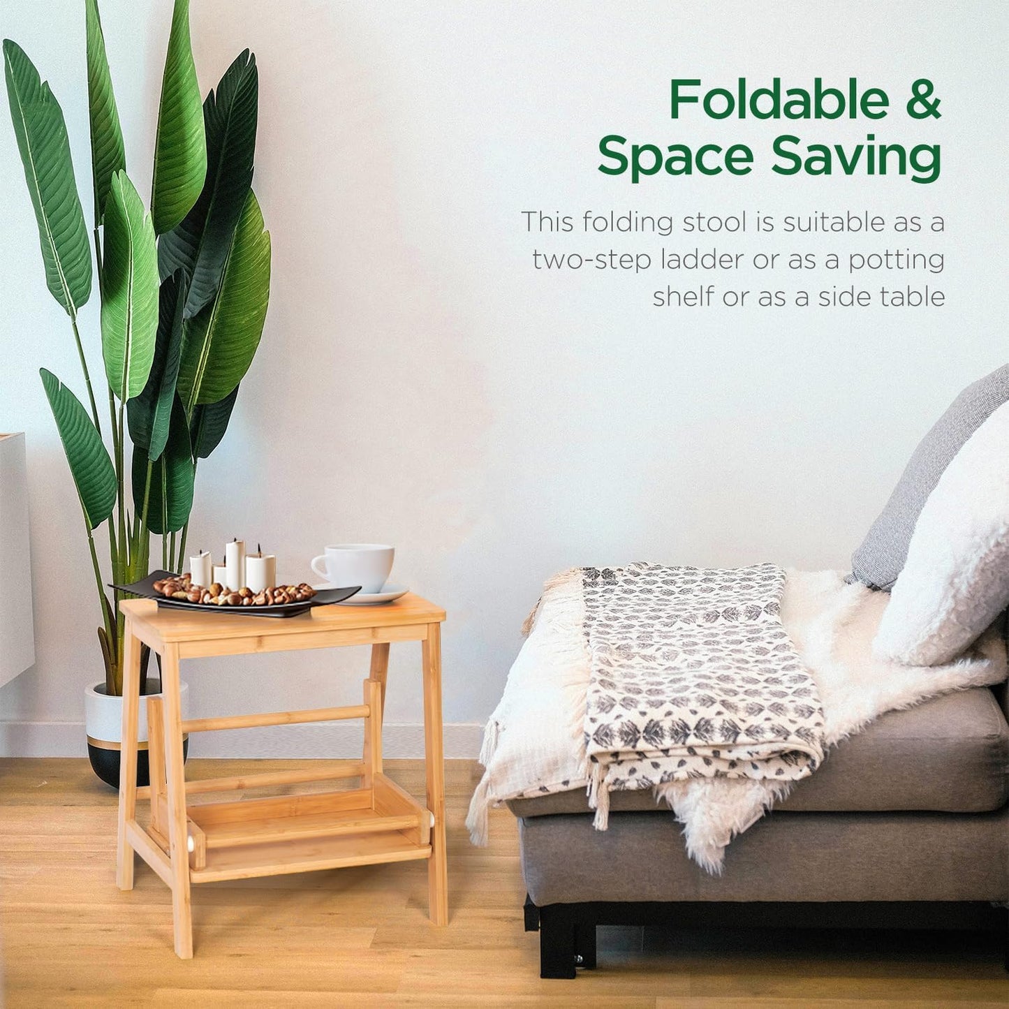 Bamboo Folding Climbing Step Stool, 2 Step Ladder Multi-Functional Stair Chair with Sturdy Structure, Non-Slip Step Pads, Wide Stepping Surface for Safety, Simple Folding Stool for Bathroom, Kitchen