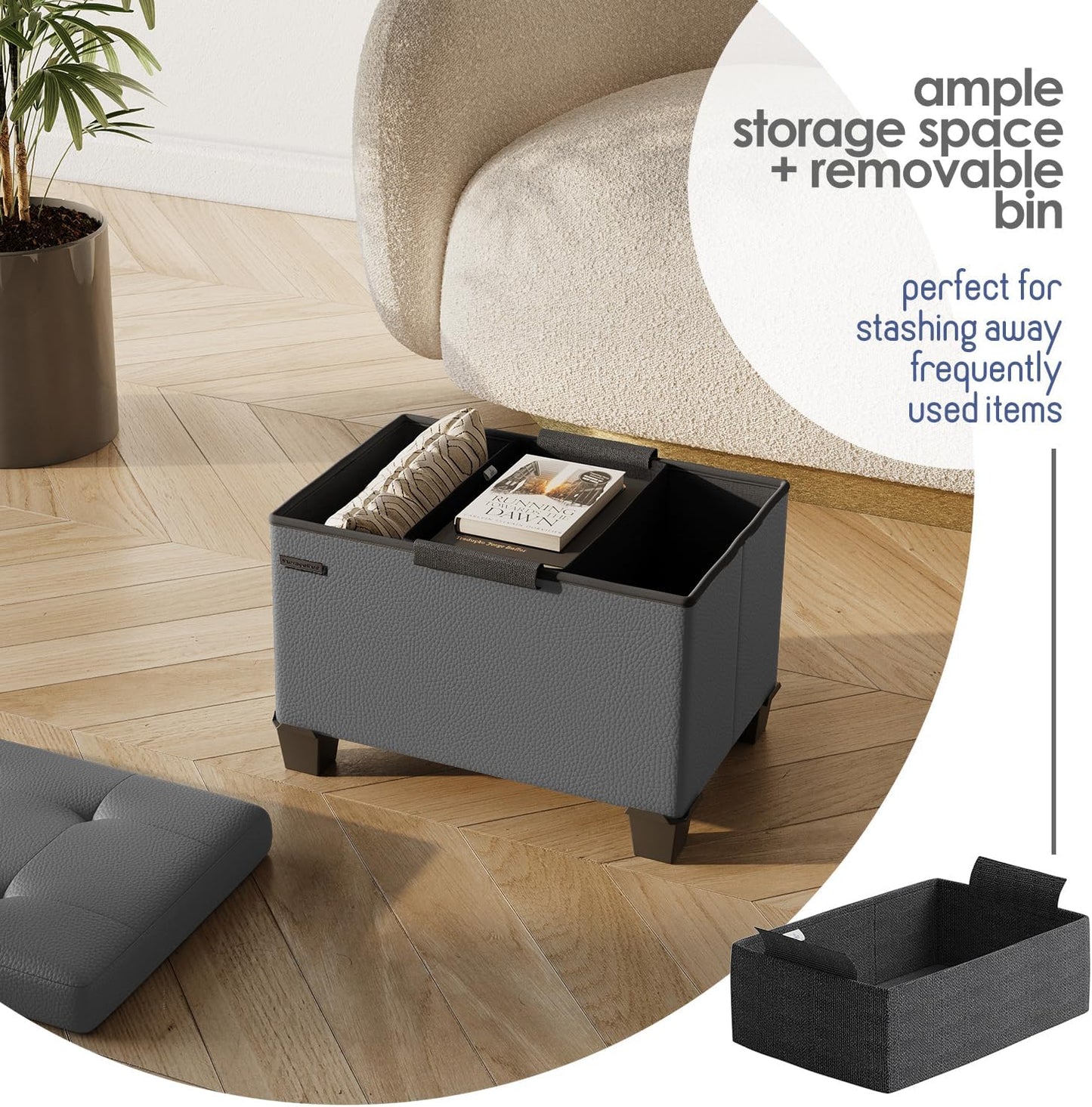 STORAGEBUD Storage Ottoman Cube with Small Bin, 16-in Square Ottoman with Storage for Living Room and Bedroom, Small Ottomans Foot Rest, Faux Leather Foot Stools Ottomans Max 330lbs, Grey