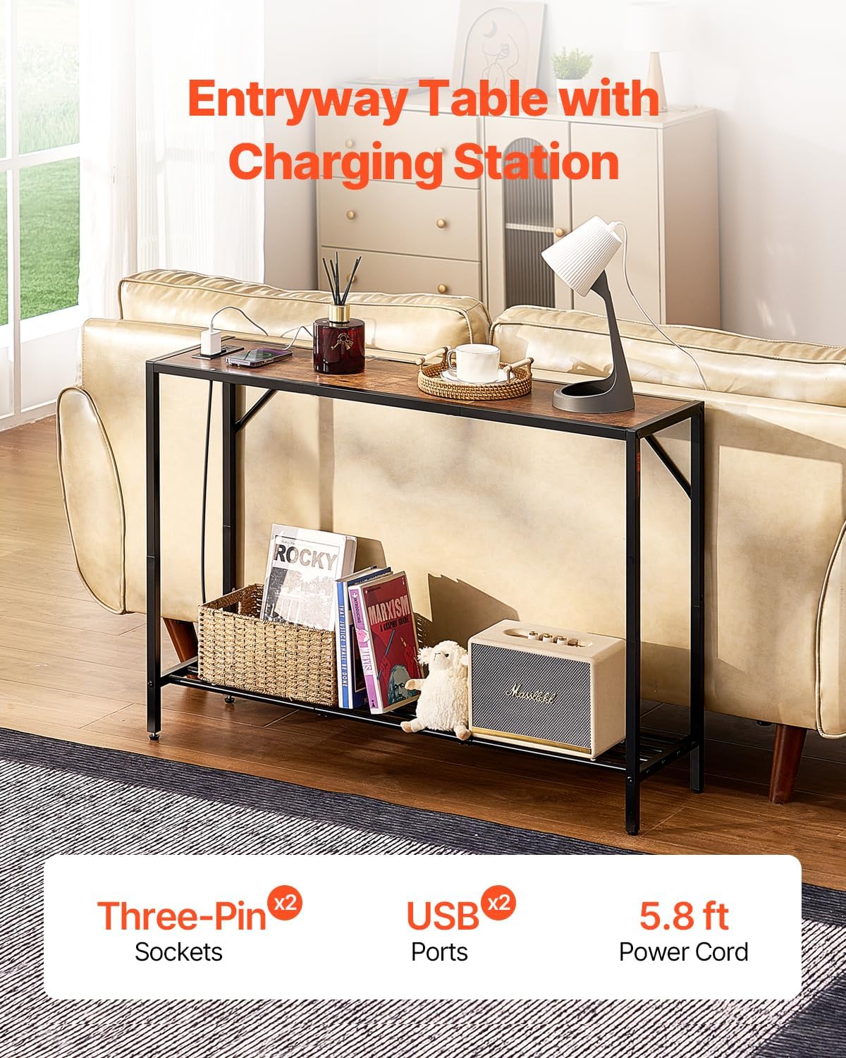 VEVOR Narrow Console Table, 41.7" Behind Couch Shelf with Power Outlets, 2-Tier Long Entryway Shelf, Sofa Table with Metal Frame and Charge Station, for Entryway, Hallway, Living Room