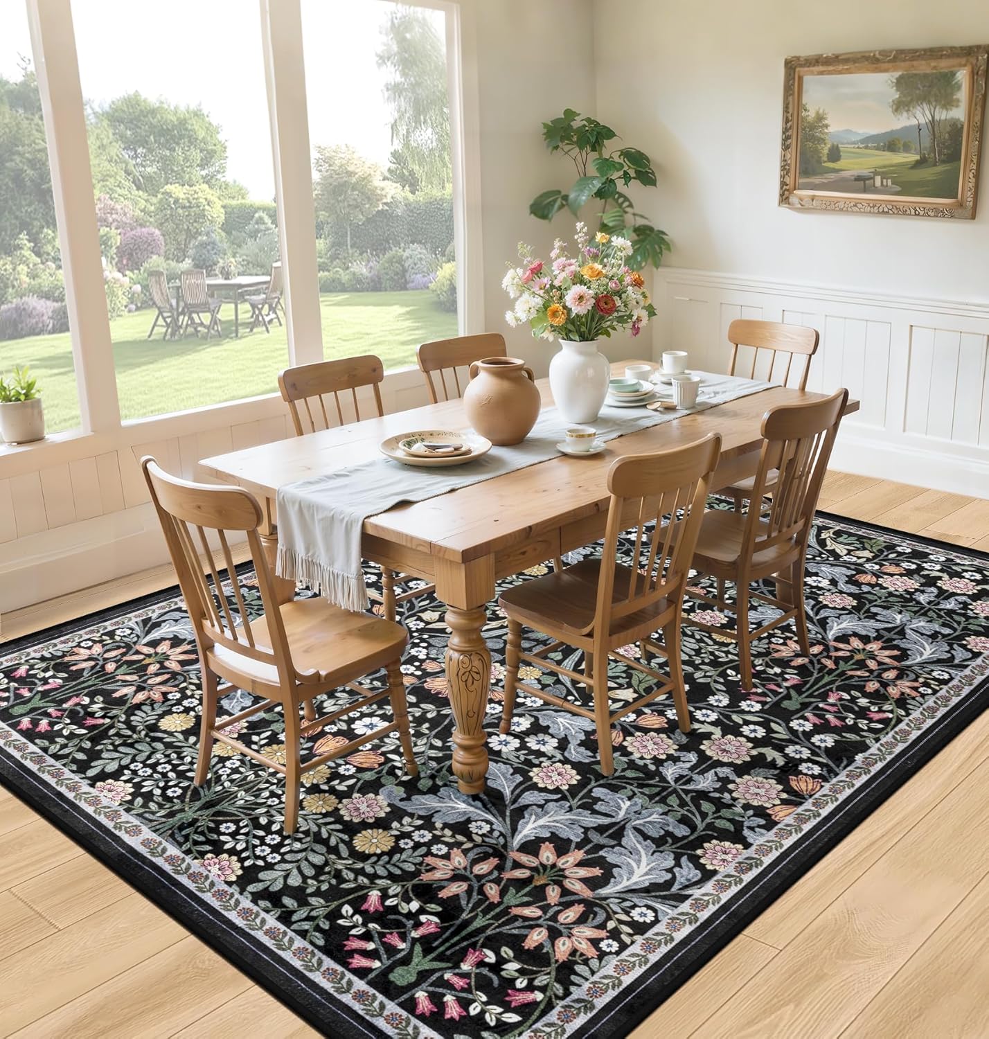 10x12 Area Rugs for Living Room: Floral Washable Rug Vintage Large Soft Boho Non-Slip Carpet Indoor Stain Resistant Low Pile Carpets for Bedroom Dining Room Farmhouse Nursery Home Office Dark Black