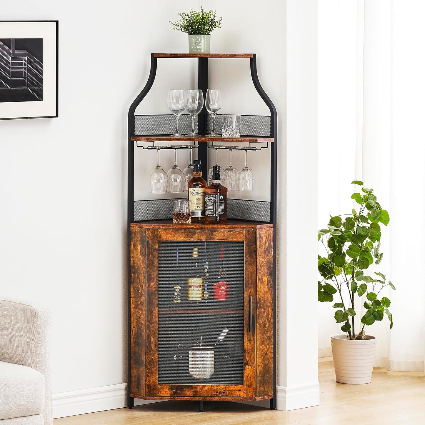 GarveeHome Corner Wine Cabinet with Detachable Wine Rack, 5-Tier Industrial Corner Bar Cabinet with Barn Door and Glass Holder, Farmhouse Buffet Cabinet and Home Bar, Rustic Brown