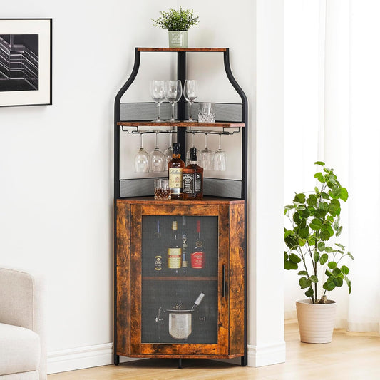 GarveeHome Corner Wine Cabinet with Detachable Wine Rack, 5-Tier Industrial Corner Bar Cabinet with Barn Door and Glass Holder, Farmhouse Buffet Cabinet and Home Bar, Rustic Brown
