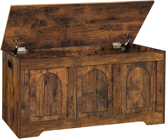 DINZI LVJ Storage Chest, 39.4”Wooden Storage Box with 2 Safety Hinges, Entryway Shoe Bench with Flip-Top, Trunk for Living Room, Bedroom, Easy Assembly, Rustic Brown