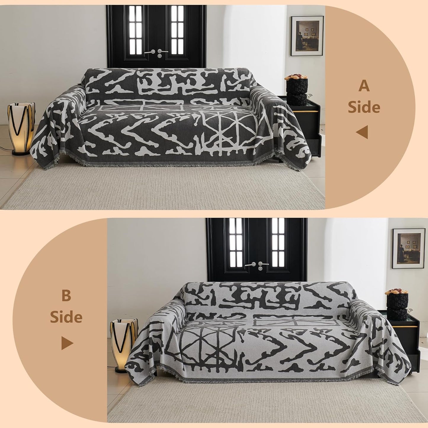 MYSKY HOME Boho Couch Cover Sofa Covers, Couch Covers for 2 Cushion Couch Sofa, Chenille L Shape Sectional Couch Cover - Pet-Friendly, Machine Washable, Sofa Protector for Kid, 71"x118", Grey Geometry