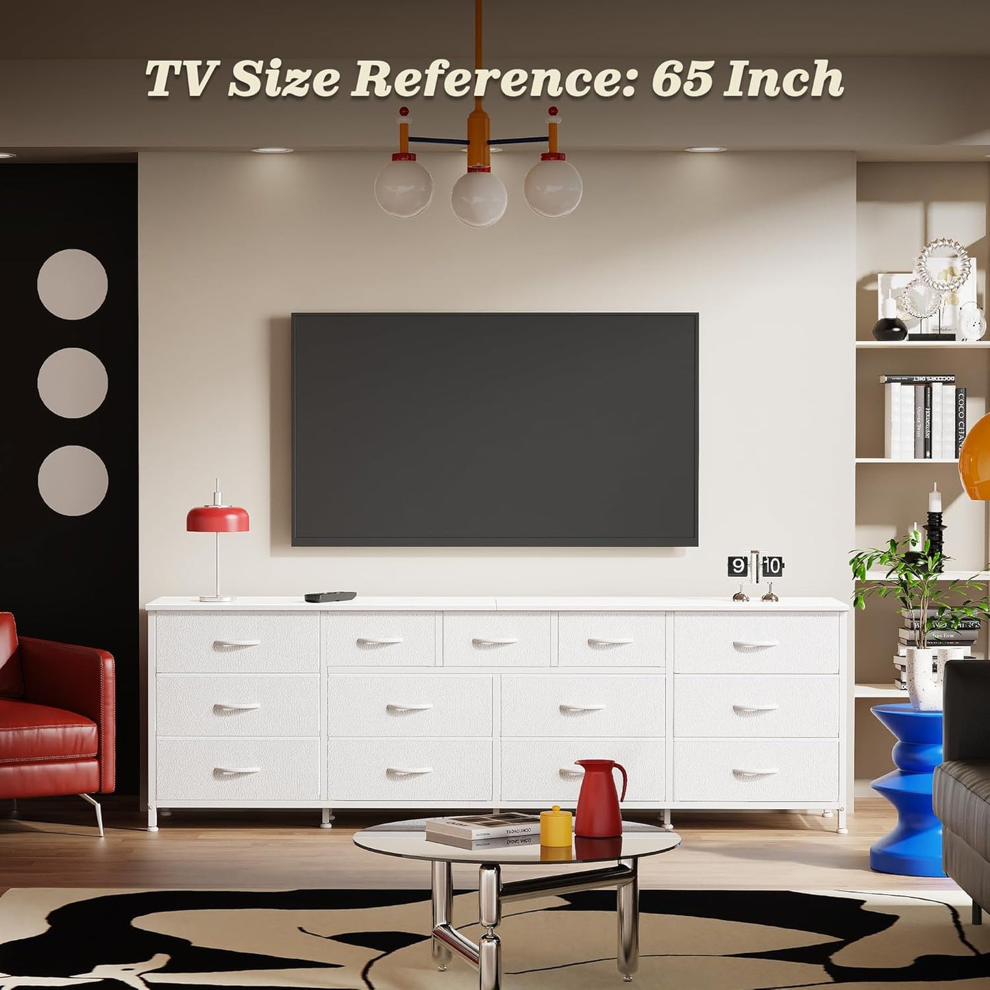 Huuger 70 Inch White Dresser for Bedroom, TV Stand for 65, 75, 80 Inch TV, 13 Fabric Drawer Long Dresser, Wide Chest of Drawer, Storage Units for Bedroom