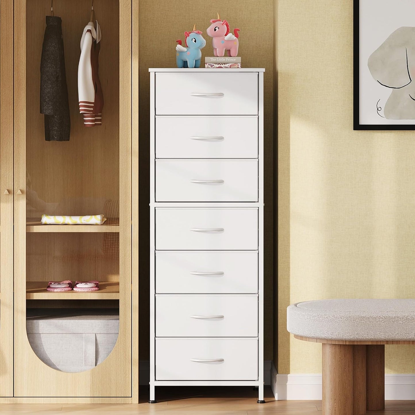 WLIVE White Tall Dresser for Bedroom, 7 Drawer Dressers & Chests of Drawers, Fabric Dresser for Closet, Living Room, Night Stand with Metal Frame, Storage Tower with Fabric Bins, Wood Top