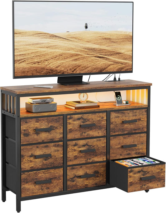 9 Drawer Dresser TV Stand up to for 50” TV with LED Lights & Power Outlets, Entertainment Center with Open Shelf, Media Console, Large Storage Dresser for Bedroom (Rustic Brown)