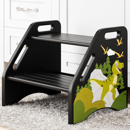 AMBIRD Toddler Step Stool, Dinosaur Wooden Two Step Stool for Kids with Non-Slip Pads, Portable Potty Training Stool with Handles for Bathroom, Sink, Kitchen, Bedroom