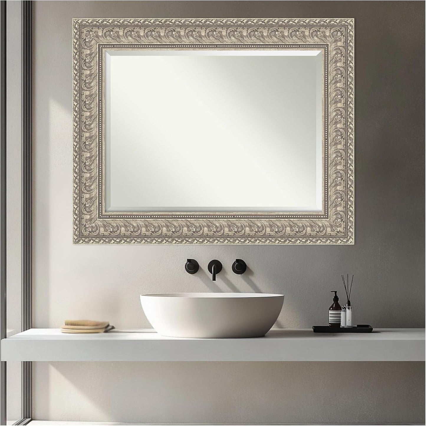 Amanti Art Silver Bathroom Mirror for Over Sink, 31x25 Sydney Silver Rectangle Vanity Mirror, Medium Traditional Frame, Hangs Horizonally and Vertically, Bathroom Wall Decor, Beveled Edge