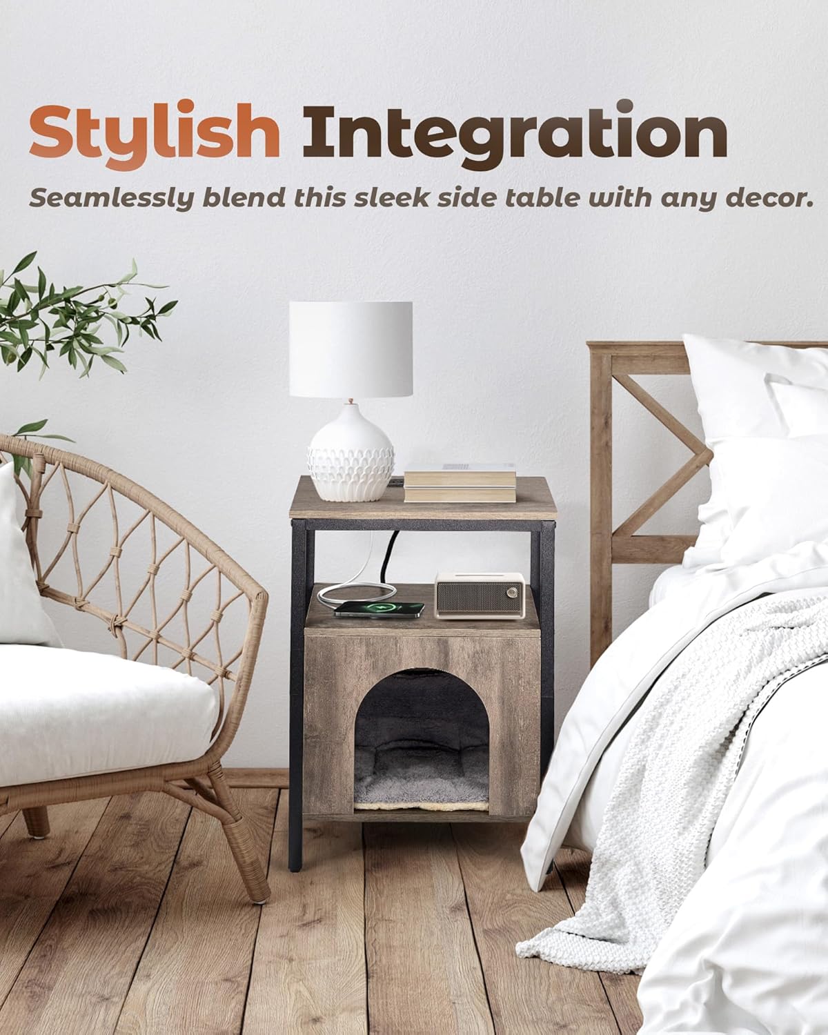 Cat End Table with Charging Station, Indoor Cat House Side Table with Bed, Cat Cave Hideaway Night Stand, Greige