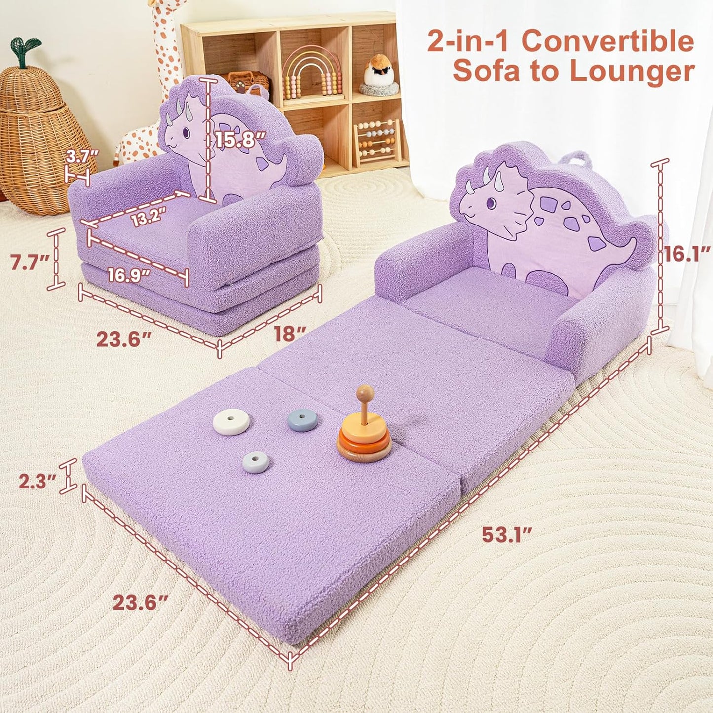 TinyPalsa Kids Couch, Convertible Sofa to Lounger Fold Out, Purple Dinosaur Design Chair for Toddlers 1-3, Gift for Movie Night, Camping, and Napping