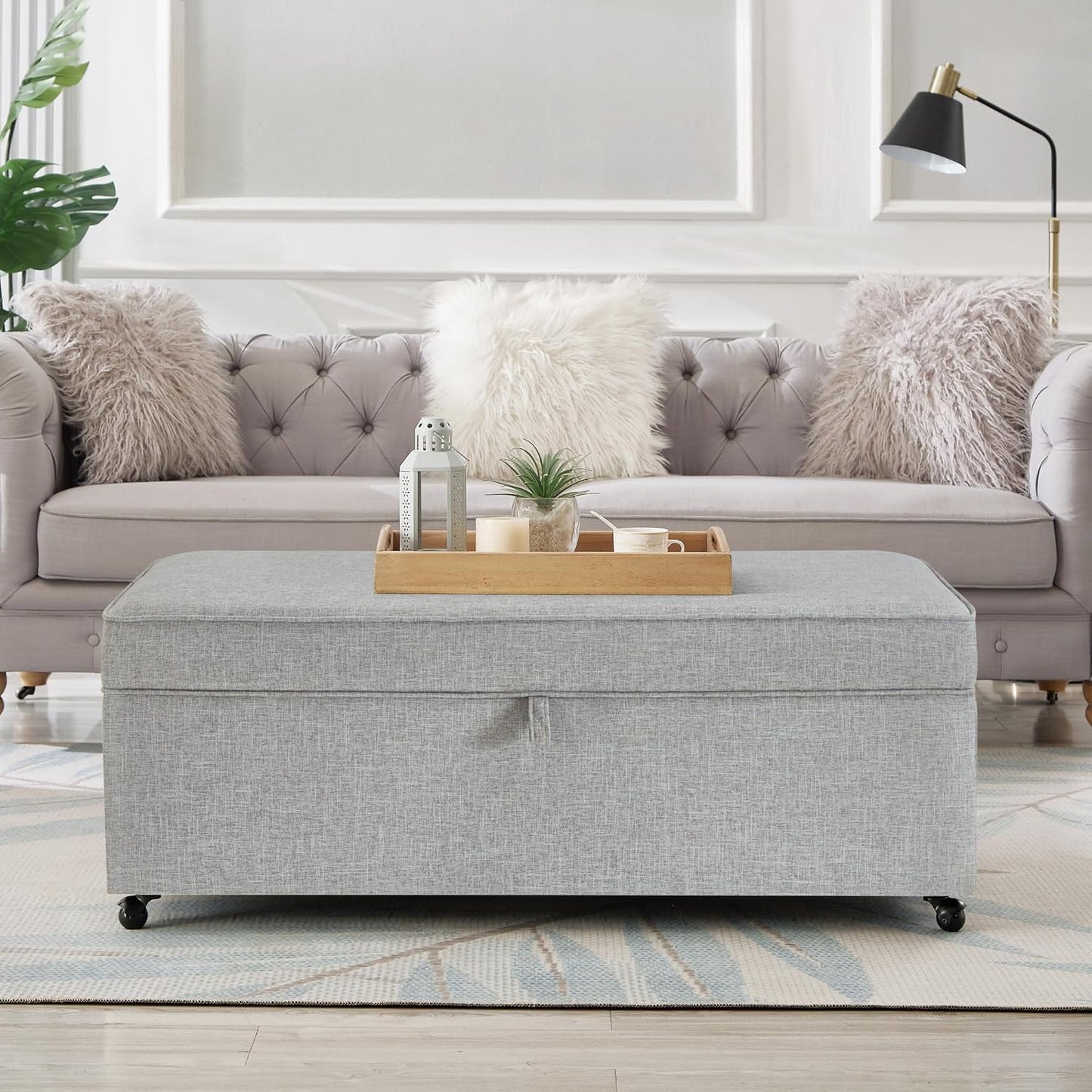 45" Modern Sofa Ottoman with Storage,Linen Upholstered Storage Bench with Rotation Casters and Safety Hinge, for Living Room,Grey