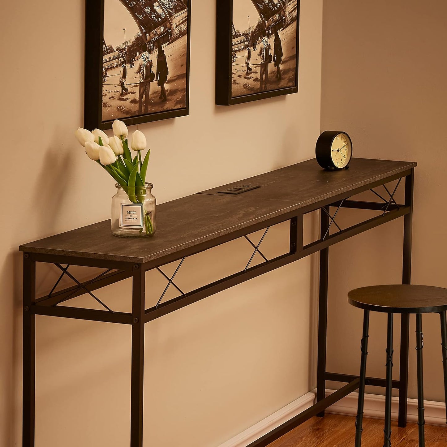 VECELO 55In Extra Long Narrow Sofa/Console Table with Charging Station & Power Outlet and USB Ports, for Entryway, Living Room, Office, Industrial, Grey