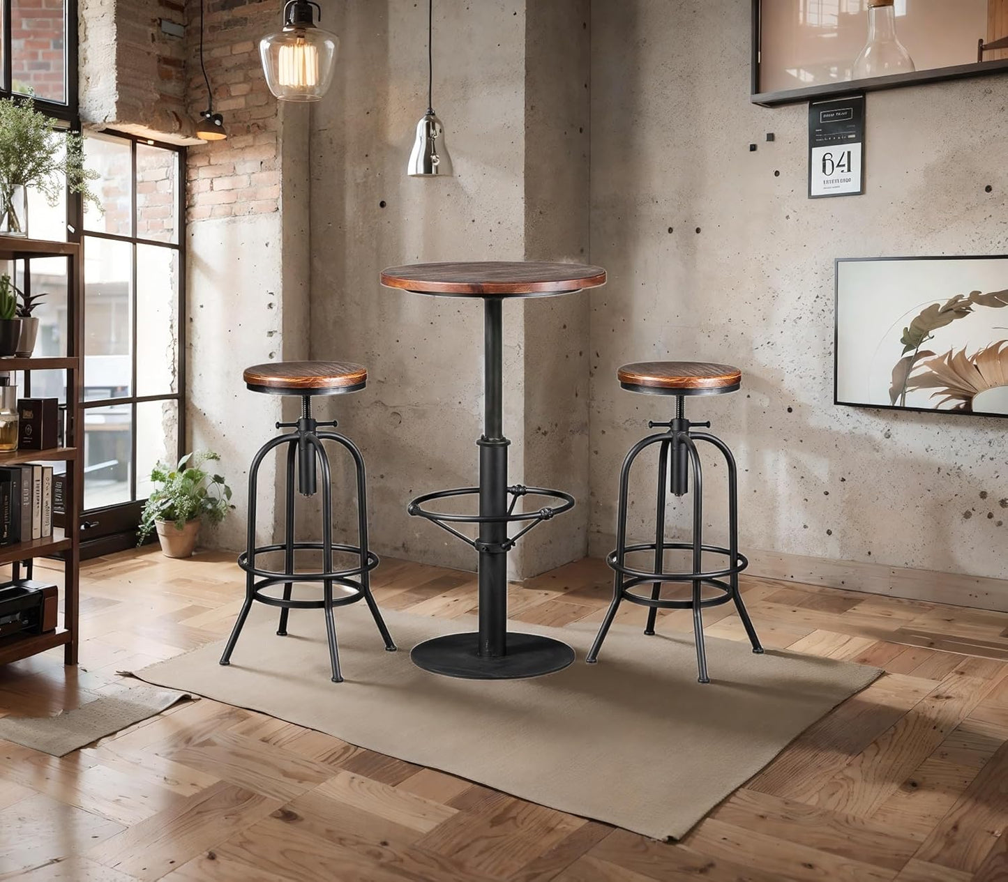 LOKKHAN 42" Tall Rustic Industrial Bar Table-19.68" Dia Round Wooden Top Metal Bar Height Adjustable Standing Pub Table-Dining Room Bistro Table-Cocktail Table