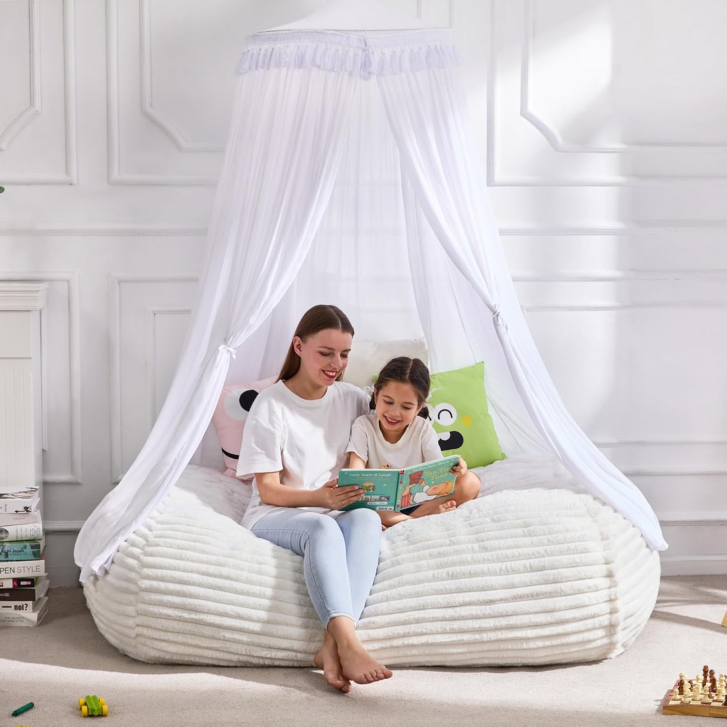 Hobestluk 4FT Bean Bag Chairs Adult Bean Bag with Portable Handle Comfy Large Bean Bag Chair with Removable Cover for Living Room Bedroom or Reading Nook (Stripe White, 4FT)