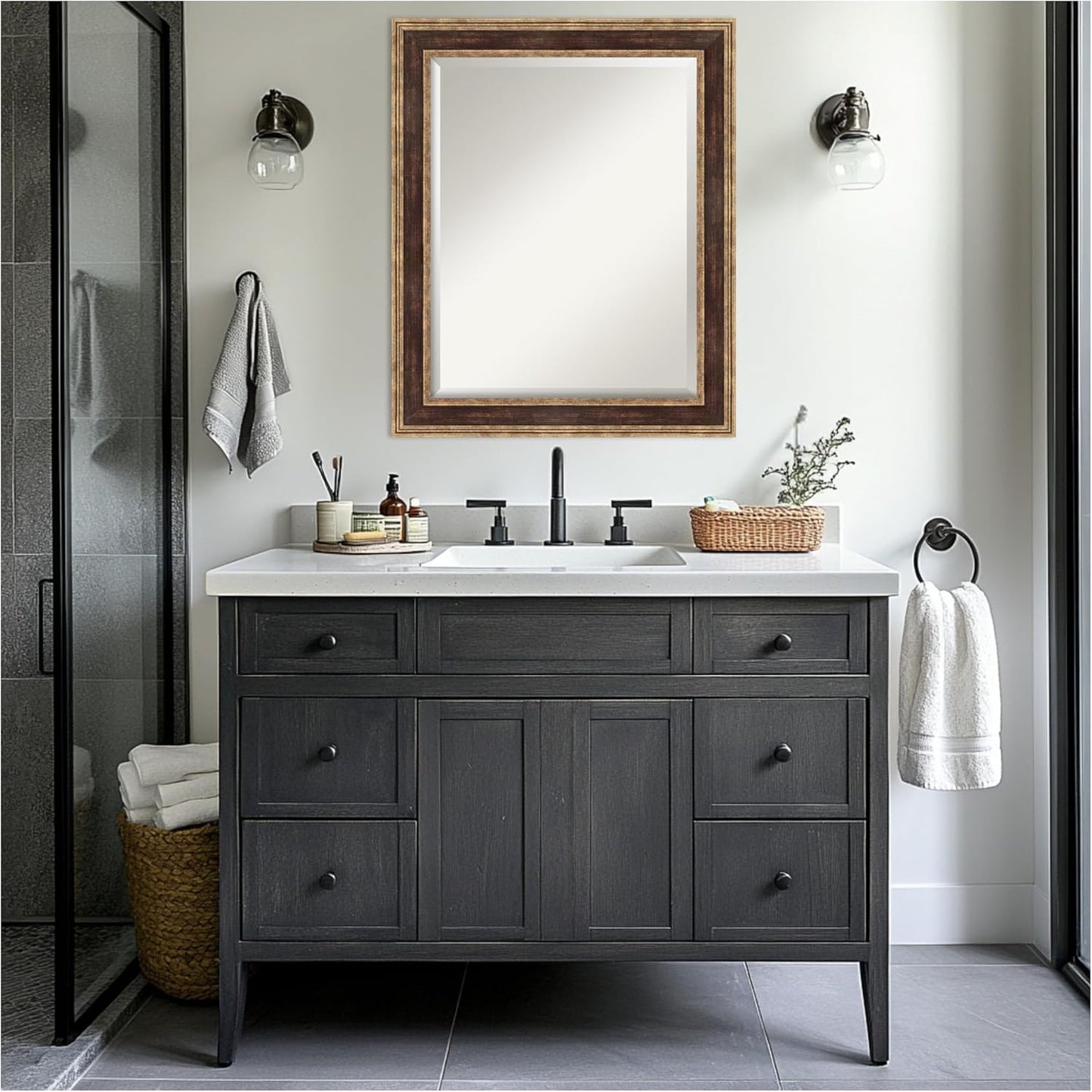 Amanti Art Bronze Bathroom Mirror for Over Sink, 28x34 Ridge Light Bronze Rectangle Vanity Mirror, Large Traditional Frame, Hangs Horizonally and Vertically, Bathroom Wall Decor, Beveled Edge