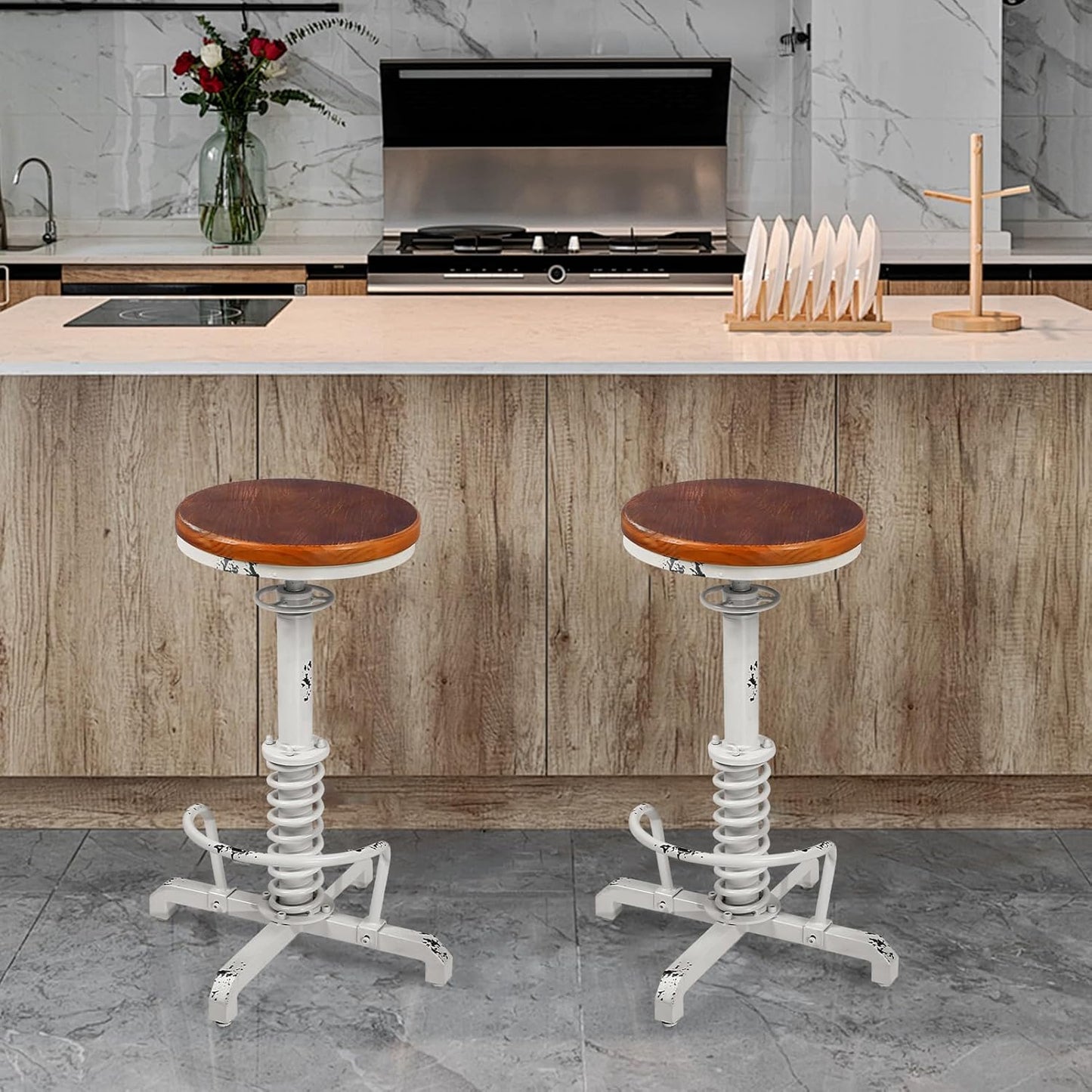 American Antique Steampunk Bar Stool 24.41"-28.35" Vintage Industrial Adjustable Swivel Backless Counter Stool for Home, Dining, Breakfast, Pub, (Heavy Duty Metal & Wood, Aged White, Brown Top)