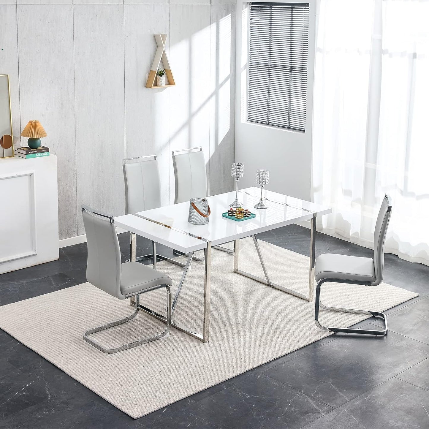 Dining Chairs Set, Kitchen Modern Metal Chairs with Faux Leather Padded Seat High Back and Sturdy Chrome Legs, Chairs for Dining Room (Light Gray, Set of 4)