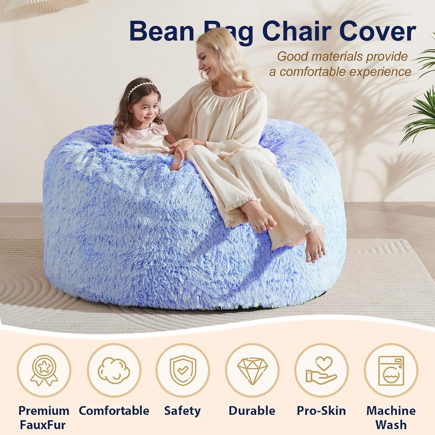 Bean Bag Covers Only, Fluffy Stuffed Beanbag Chair Covers No Filler, Washable Bean Bags Cover for Adults, Stuffed Animal Bean Bag Anti-Slip, 6FT, Blue