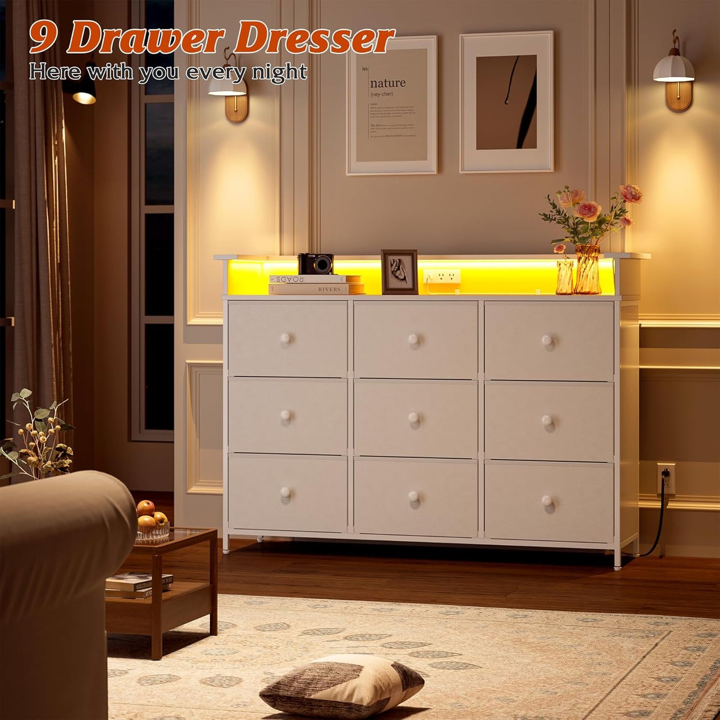 Nicehill 9 Drawer Dresser for Bedroom,Led Light White Dresser,TV Stand for Bedroom with Charging Station, Fabric Drawer Chests of Drawers for Hallway,Closet,Entryway