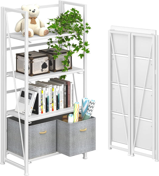 4NM No-Assembly Folding Bookshelf Storage Shelves 4 Tiers Vintage Bookcase Standing Racks Study Organizer Home Office (All White)