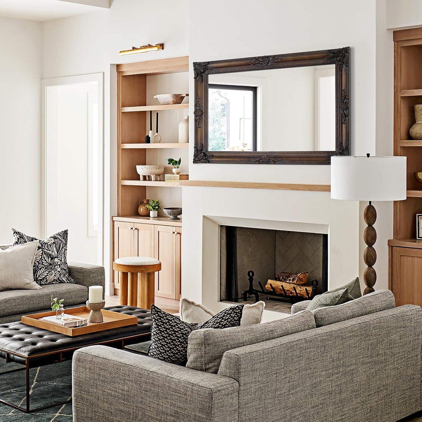 Antique Decorative Mirror, 37.4''x25.6''Vintage Mirror with Ornate Bronze Wood Frame, Decorative Wall Mirrors for Entryway, Living Room, Bathroom