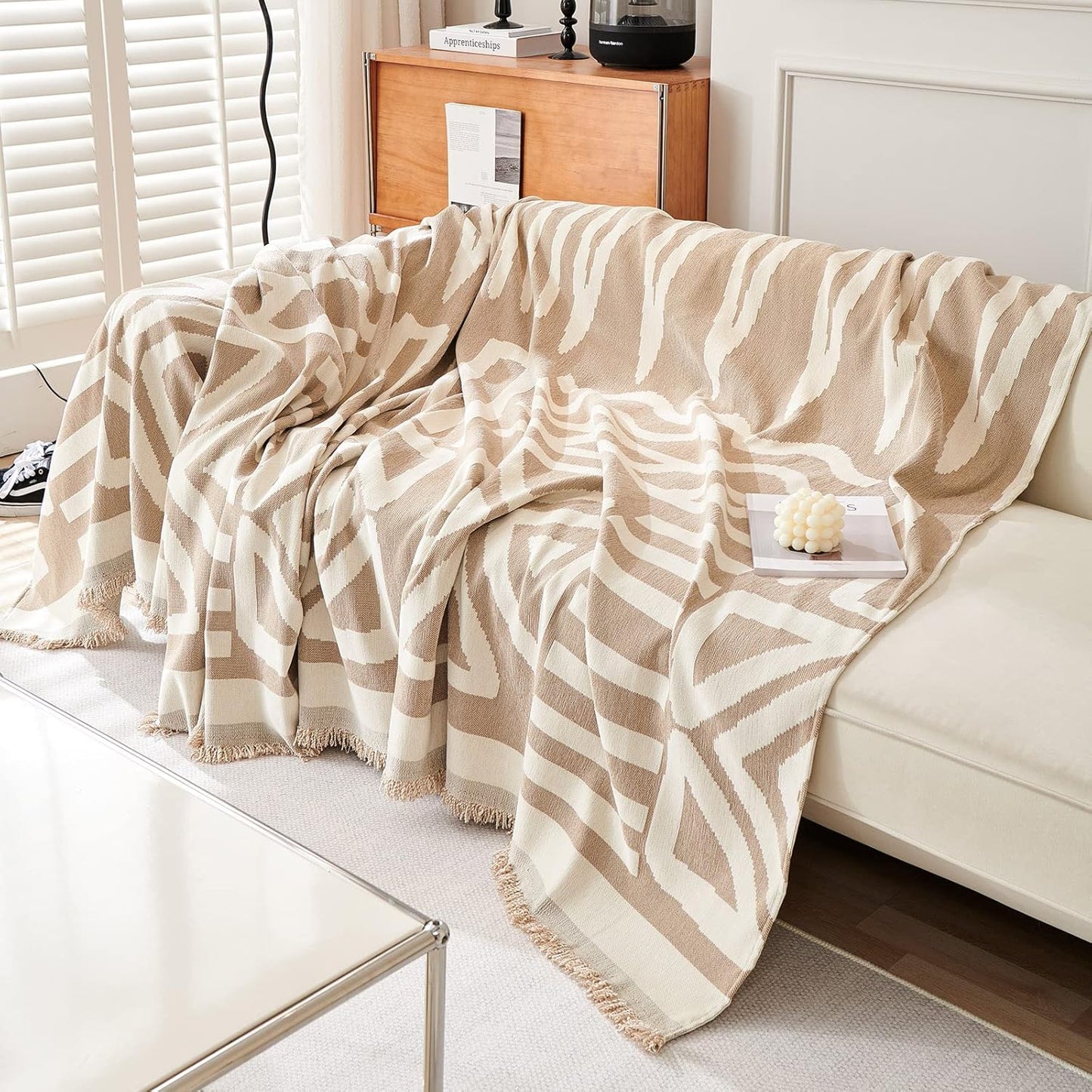 VM VOUGEMARKET Sectional Couch Cover for 3 Cushion Geometric Pattern Chenille Sofa Cover Dog Proof Universal Sofa Slipcover L Shaped Sofa Furniture Protector with Tassels-71 x 134,Khaki