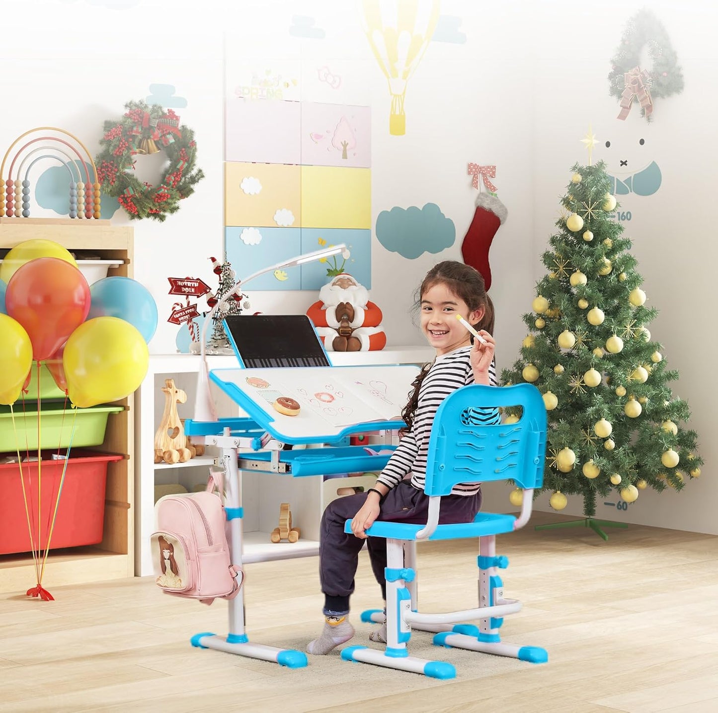 Real Relax Kids Desk and Chair Set, Children's Multifunctional School Tables with Tilt Desktop, LED Light, Metal Hook Blue