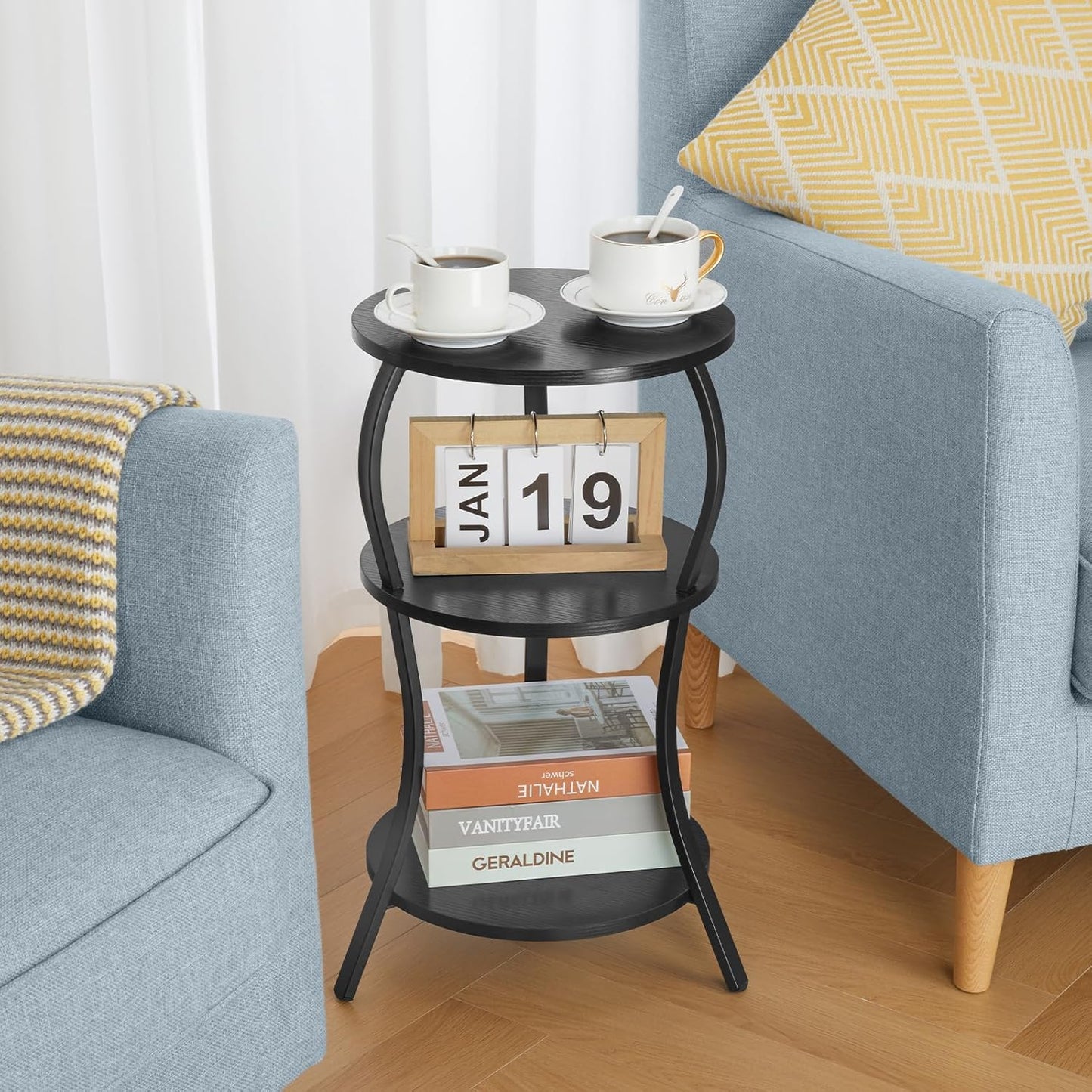 Vintage Small Round Side Table, 3-Tier Slim Waist Circular End Table with Storage Shelf, Compact Tea Sofa Side Table, Round Corner Coffee Table Nightstand for Living Room Bedroom Small Spaces,Black