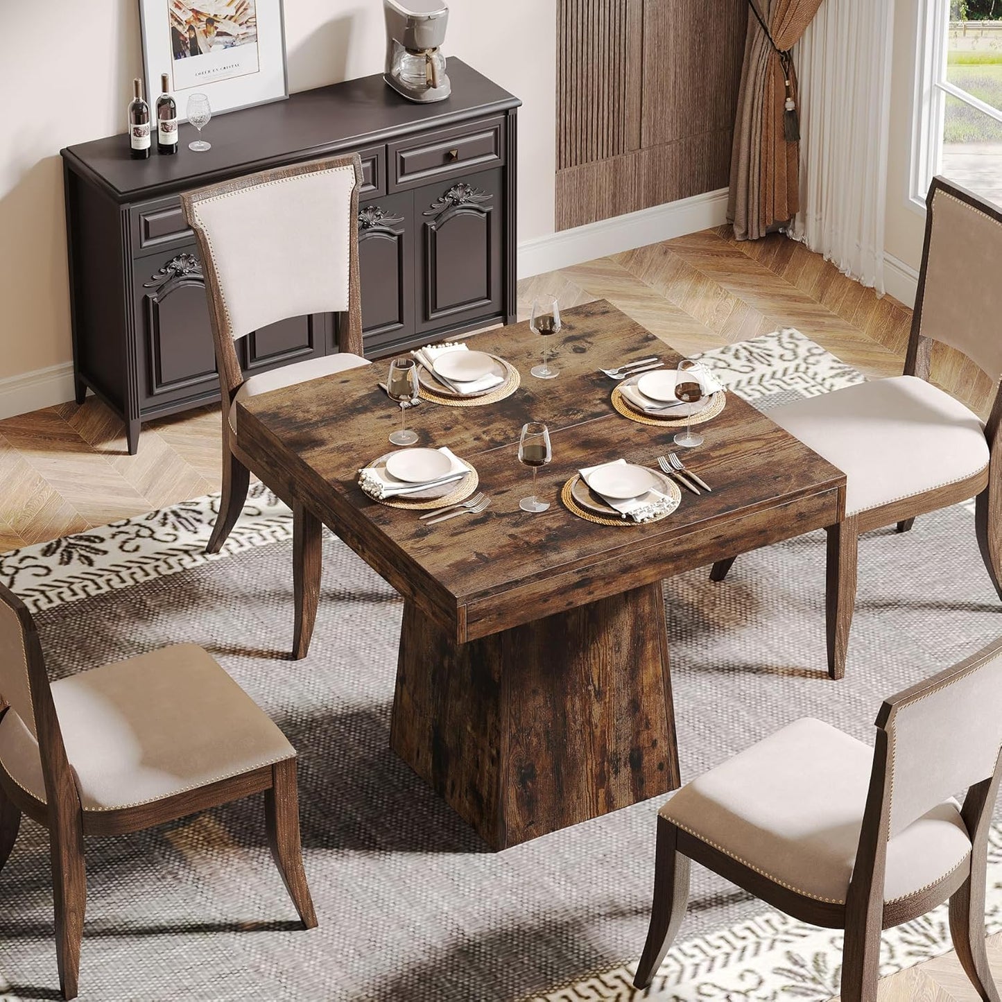 Tribesigns Square Dining Table for 4, 31.5-Inch Small Kitchen Table with Sturdy Pedestal Base, Farmhouse Dinner Table for Dining Room, Living Room, Kitchen (Vintage Brown)