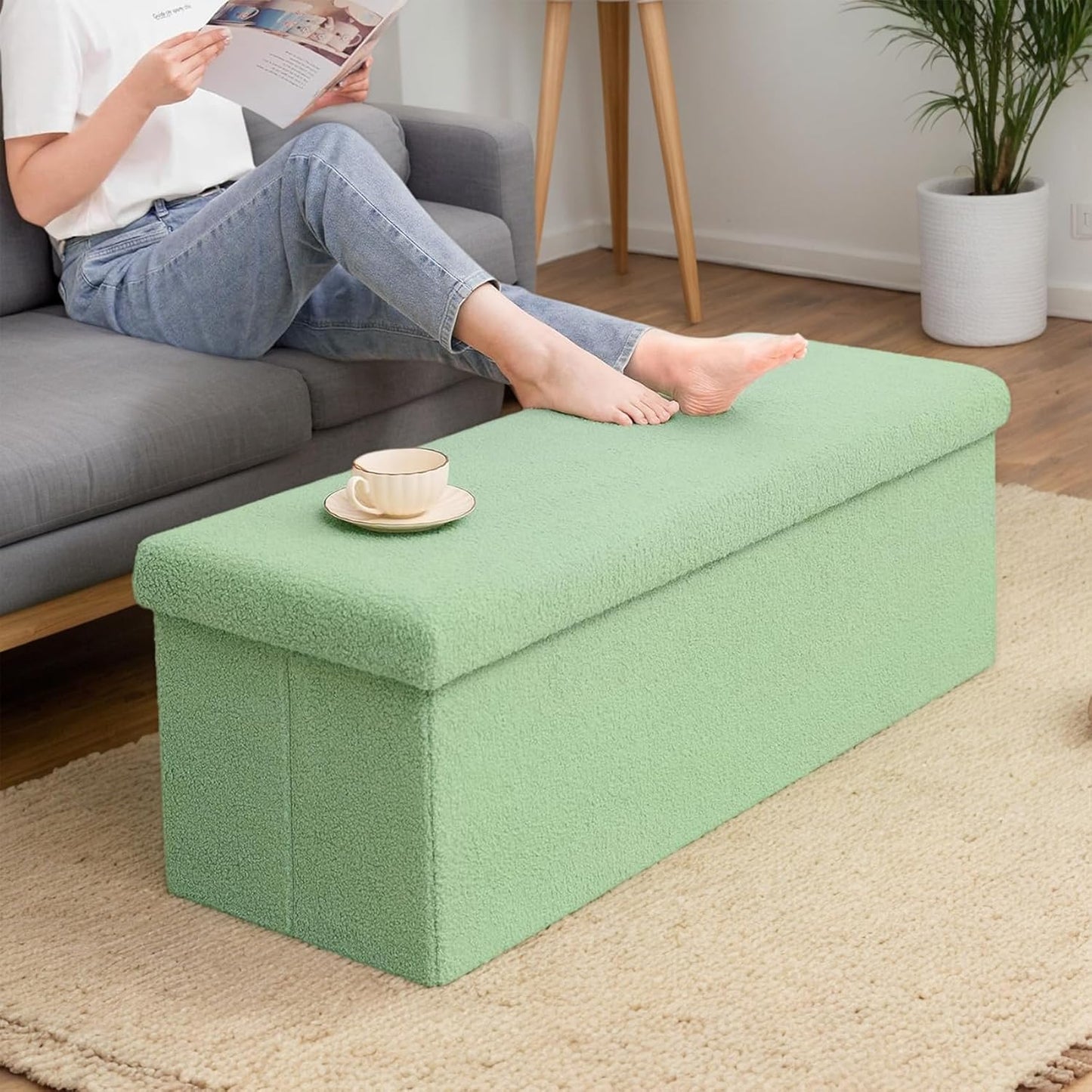 43 Inches Storage Ottoman Bench - Extra Large Foldable Ottoman with Storage, Bench for Living Room, Bedroom, Entryway - Green