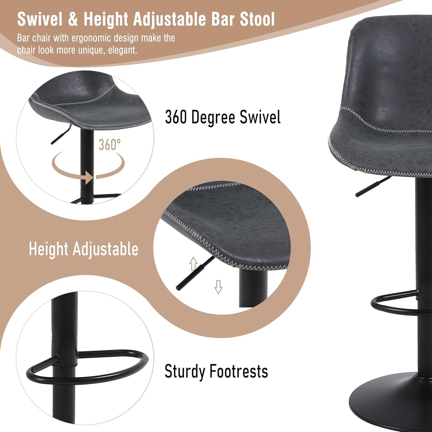 Bar Stools Set of 2, Swivel Counter Height Barstools with Back, Adjustable Bar Chairs, Tall Armless PU Leather Kitchen Island Stool (Black)