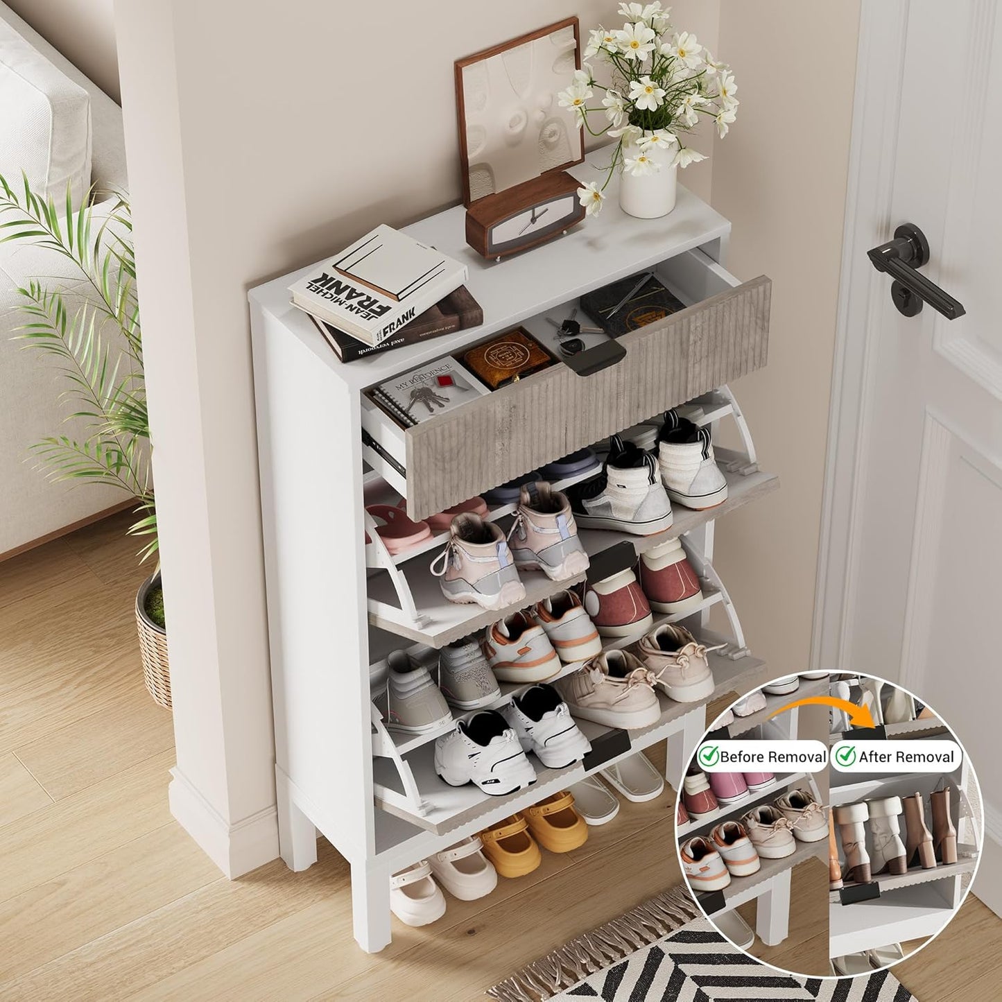 GarveeHome Shoe Storage Cabinet with 2 Flip Drawers, Farmhouse Fluted Shoe Organizer with Metal Legs, Freestanding Hidden Slim Narrow Shoe Rack for Entryway, Foyer, Hallway