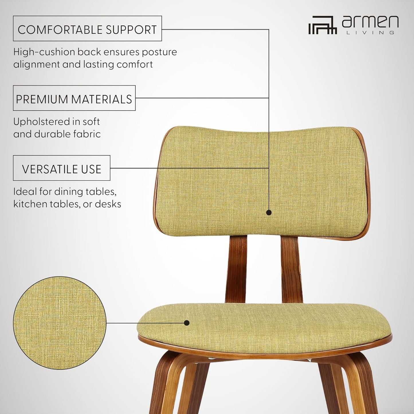 Armen Living Jaguar Mid-Century Dining Chair in Walnut Wood and Green Fabric