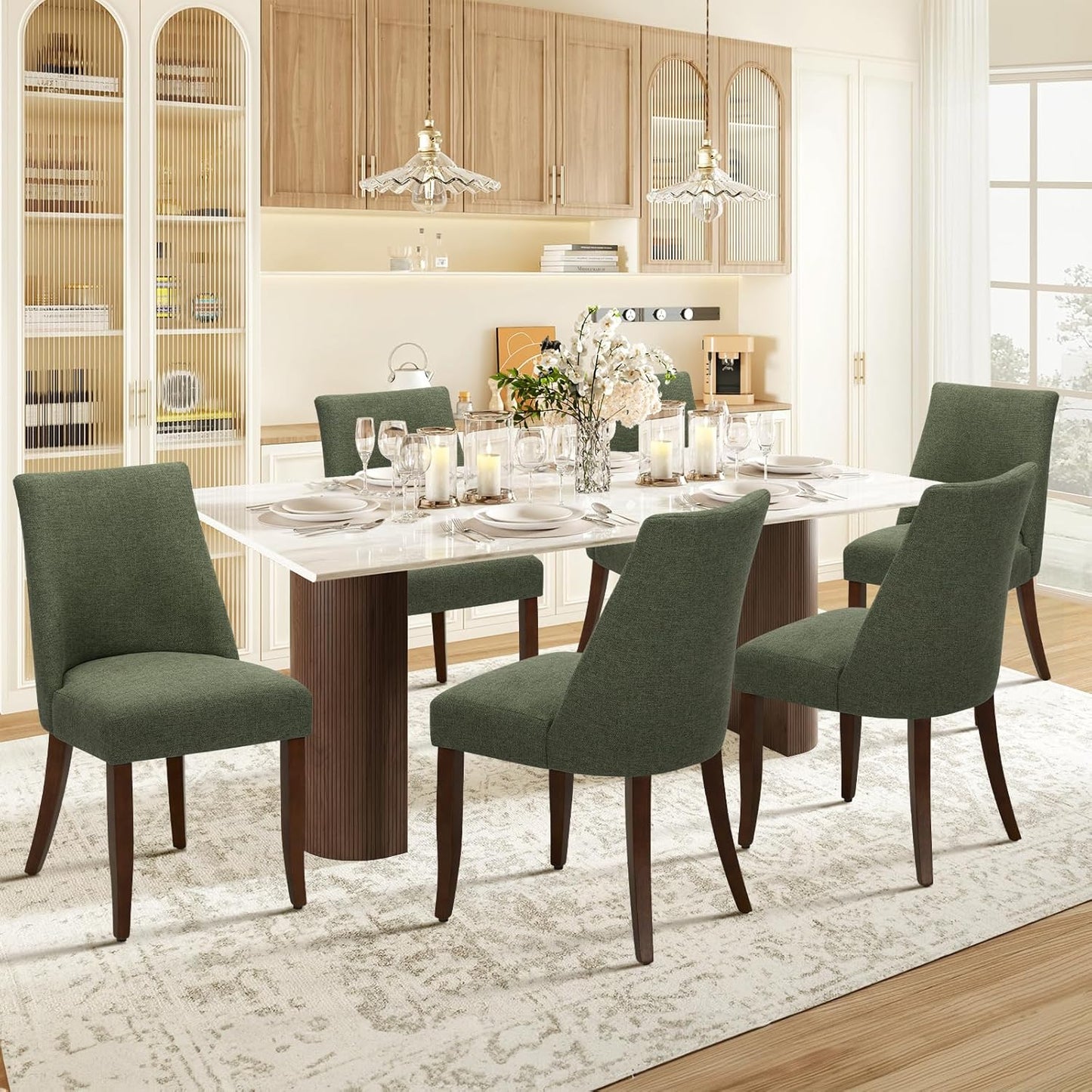 COLAMY Upholstered Dining Chairs Set of 6, Mid Century Modern Kitchen Chairs with Back, Farmhouse Fabric Side Dining Room Chairs with Wood Legs for Dining Room Restaurant, Green