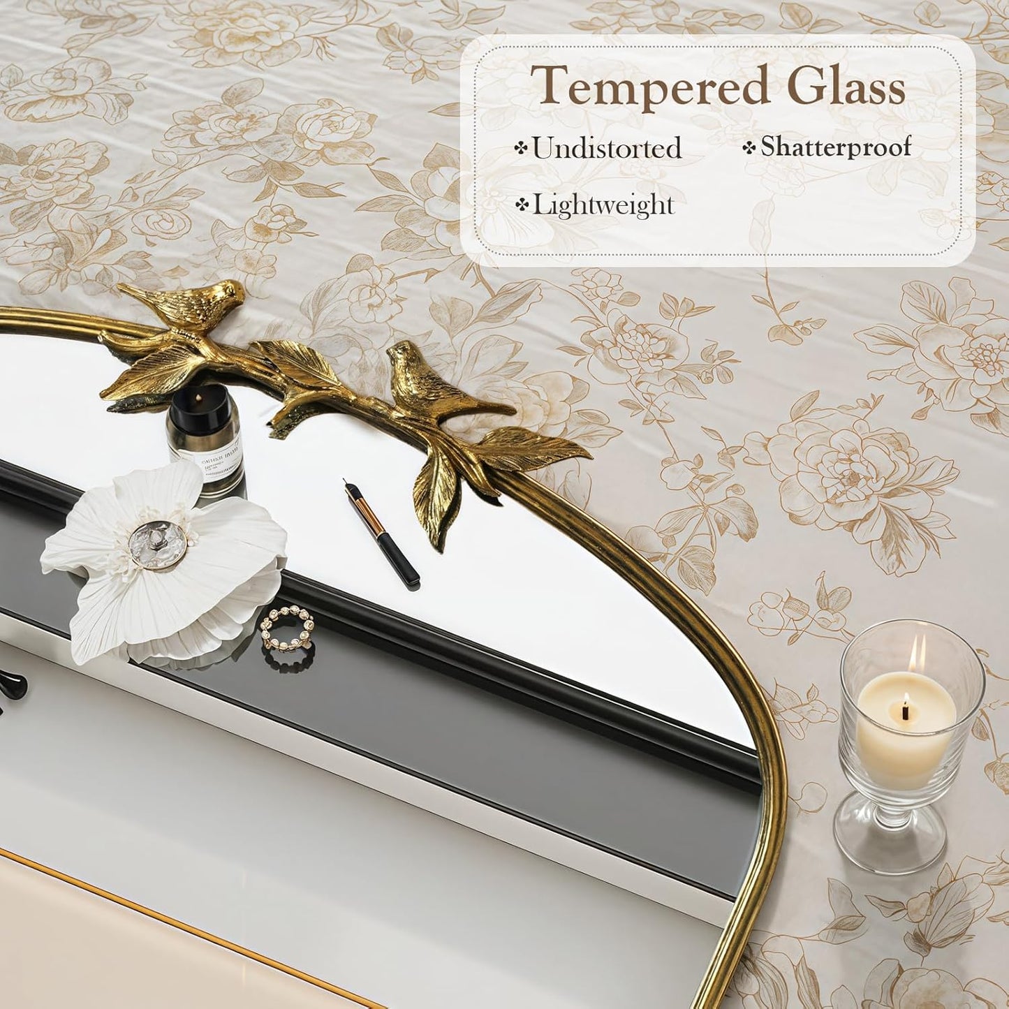 Gold Vintage Mirror - 36x24 Inch, Arched Antique Mirror with Ornate Frame for Bathroom, Living Room, Fireplace, Entryway