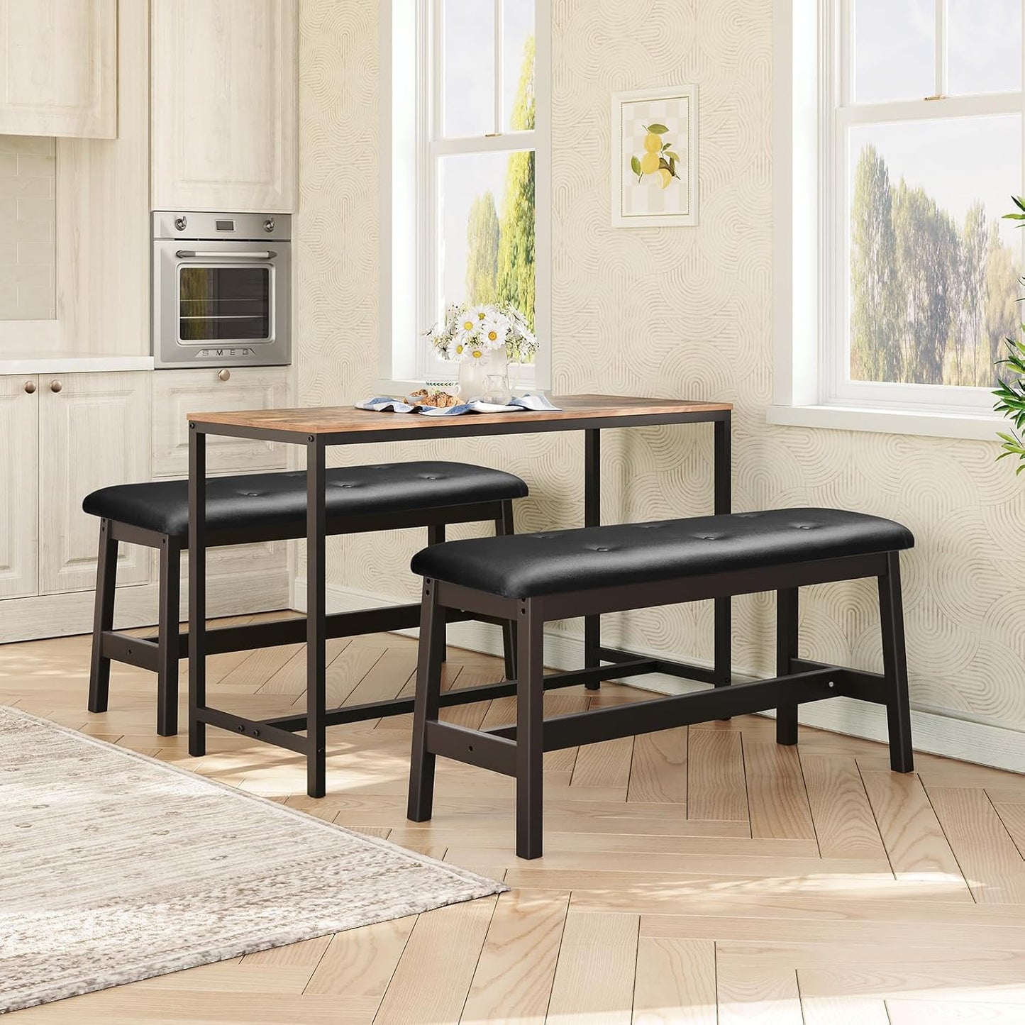 HOOBRO Dining Bench, Bamboo Dining Room Bench with PU Leather Upholstered Seat, for Kitchen, Living Room, Hallway, Kitchen, Entryway, Brown and Black CB13CD01