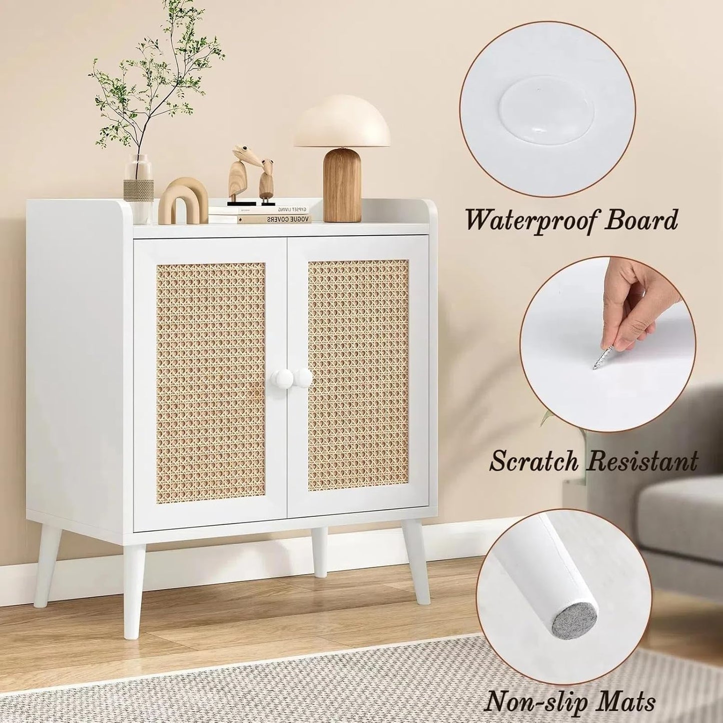 Buffet Cabinet, Rattan Storage Cabinet with Round Pull Rings, Sideboard with Ample Storage, Bar Liquor Shelf with 2 Doors for Living Room, Hallway, White