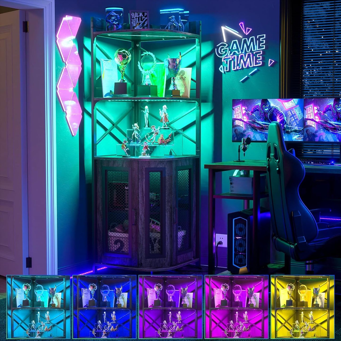 Aheaplus Corner Bar Cabinet with Power Outlet, Industrial Wine Cabinet with LED Strip and Glass Holder, 5-Tiers Liquor Cabinet Bar Unit for Home, Corner Display Cabinet for Small Space, Grey Oak