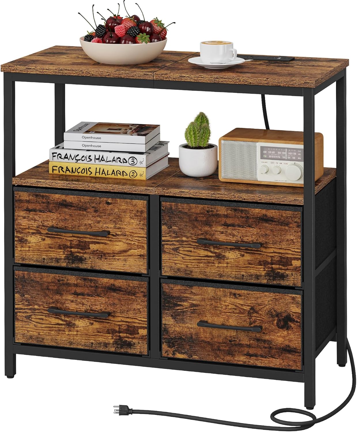 TUTOTAK Large Night Stand with Charging Station, Nightstand with USB and Type-C Port, Bedside Table with Cloth Drawers, End Table for Livingroom, Bedroom, Brown TB01BB081