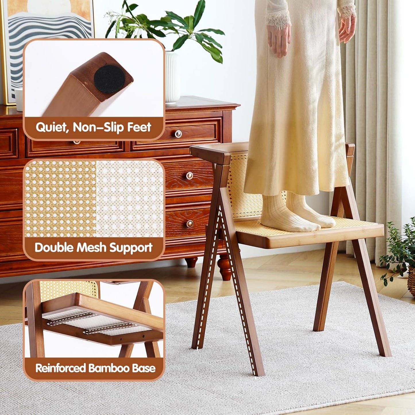 Rattan Dining Chair, Mid-Century Accent Armchair, Wicker Chair, Outdoor Bamboo Chair for Dining Room, Living Room, Bedroom, Kitchen, Walnut