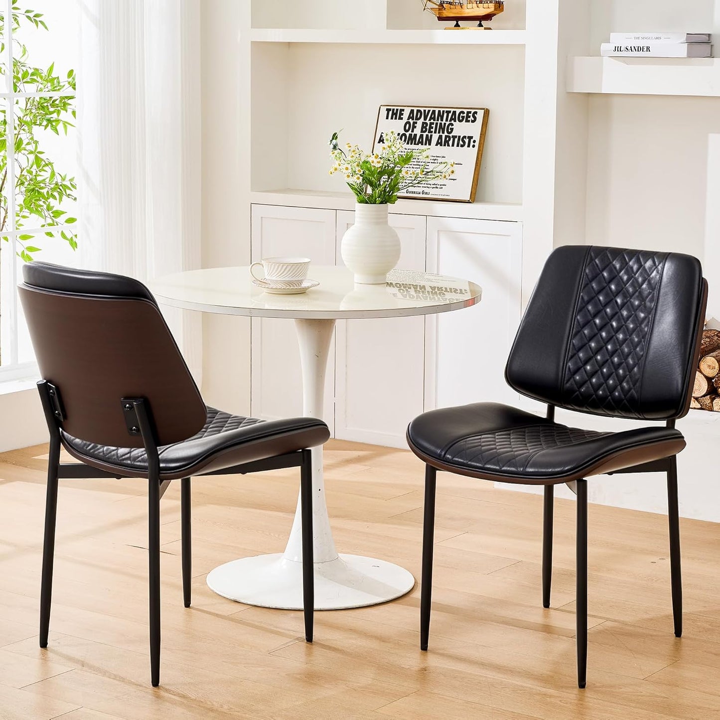 Dining Chairs Set of 4, Upholstered PU Leather Armless Chair, Mid Century Modern Dining Room Chairs, Retro Walnut Bentwood Kitchen Chair with Metal Legs and Adjustable Feet, Black