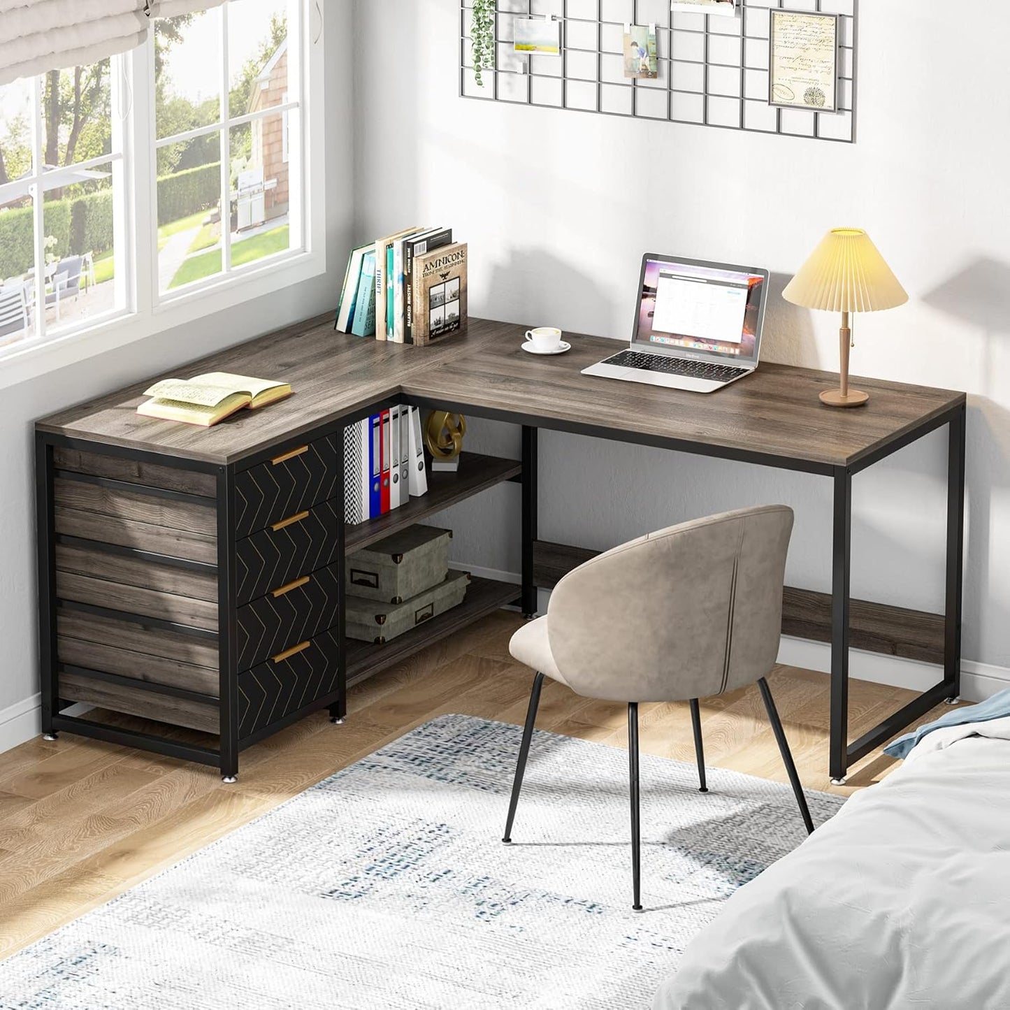LITTLE TREE 59-Inch L Shaped Desk with Drawers, Large Computer Desk with Storage Shelves, Reversible L-Shaped Corner Desk Workstation for Home Office